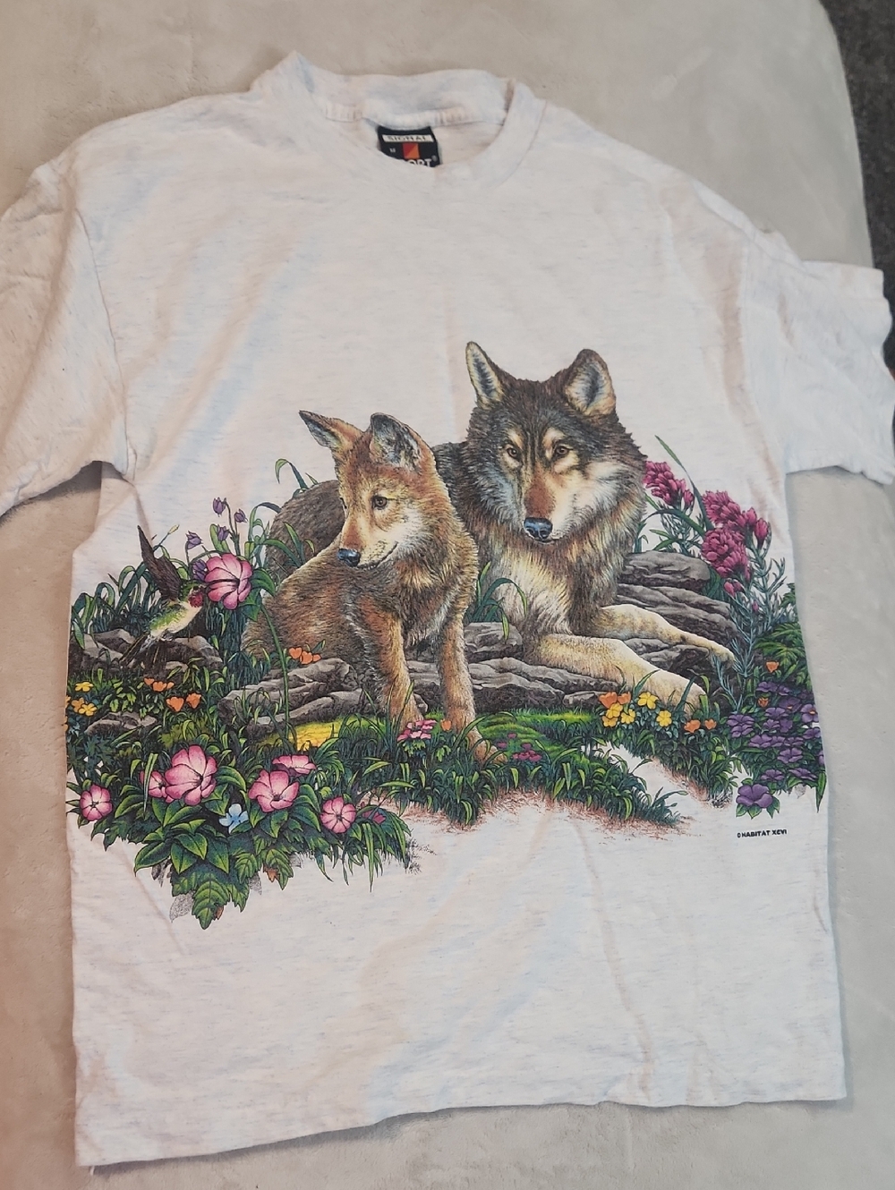 Vintage Graphic Wolf & Pup Tee Floral Double Sided Med